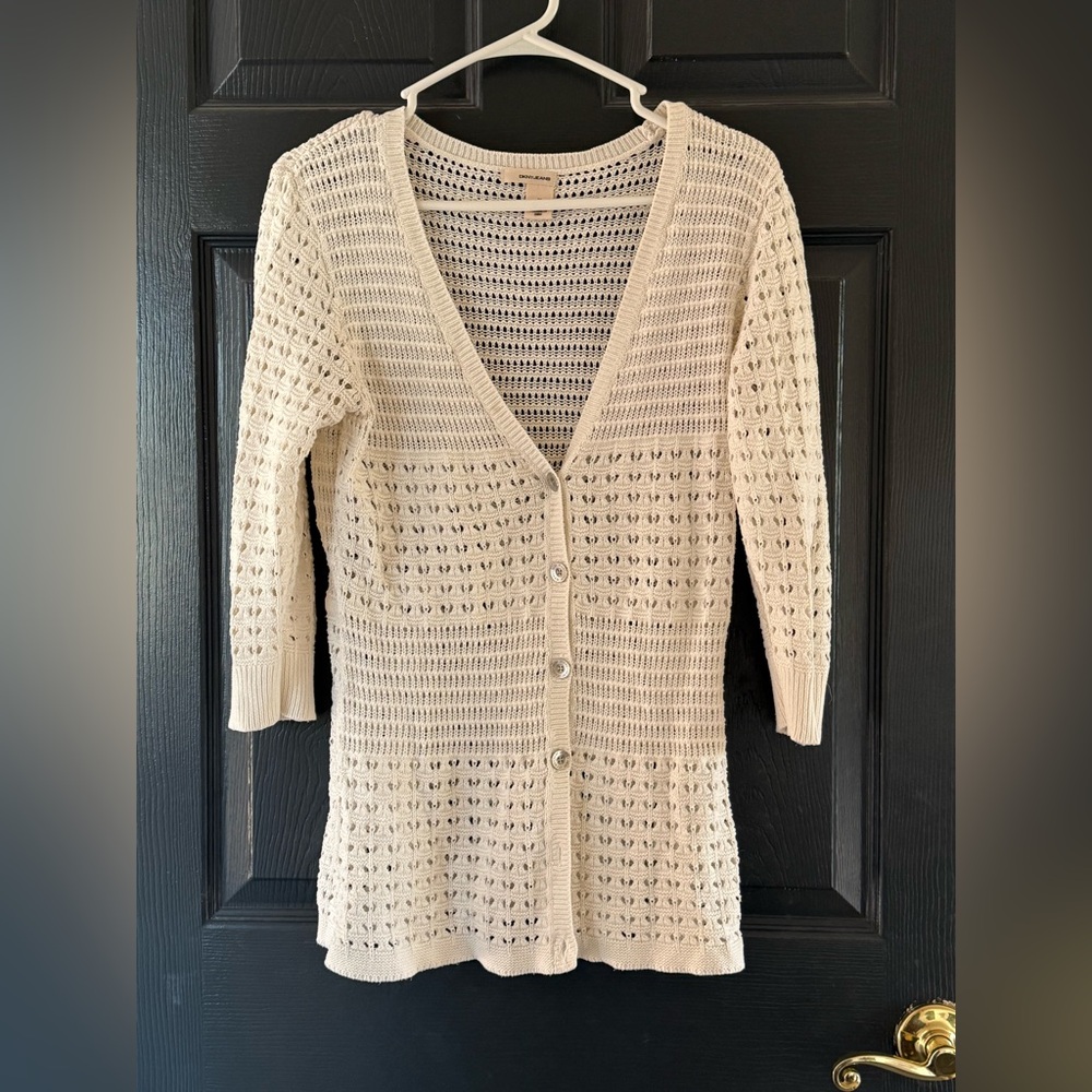 DKNY Women’s White Cardigan Sweater V-Neck Open Knit Size Medium